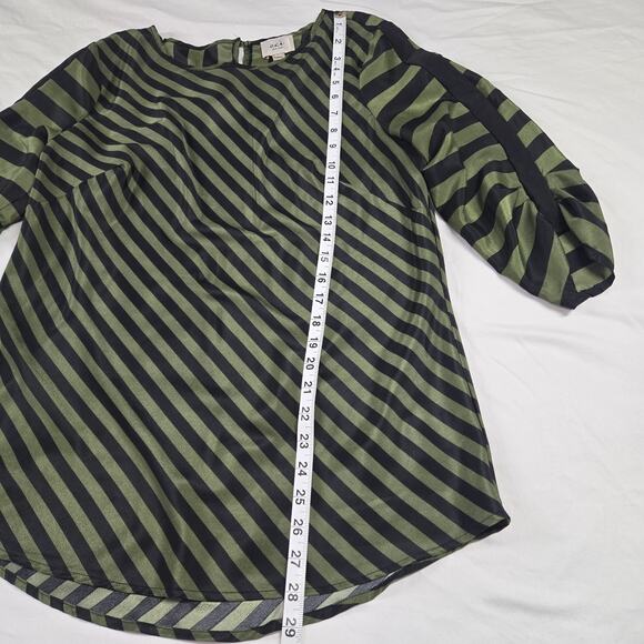 Eci Tunic Top 3/4 Sleeve Large Green Black Stripe Tunic Blouse Mod Witchy - Picture 10 of 10